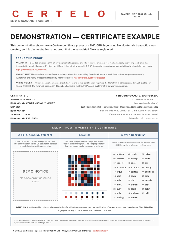 CERTELO Certificate of Existence example